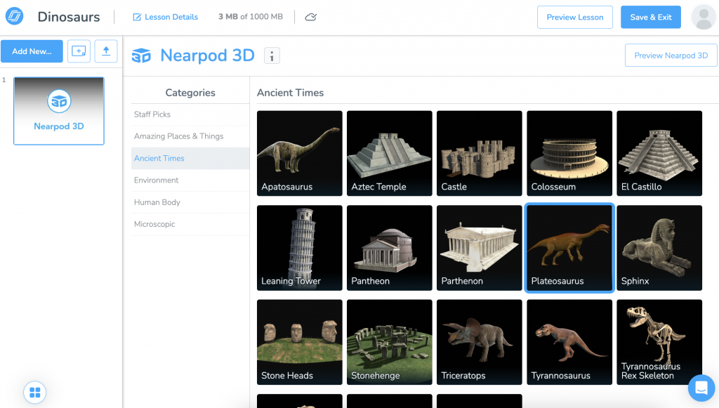 3D Model library on Nearpod of ancient forms