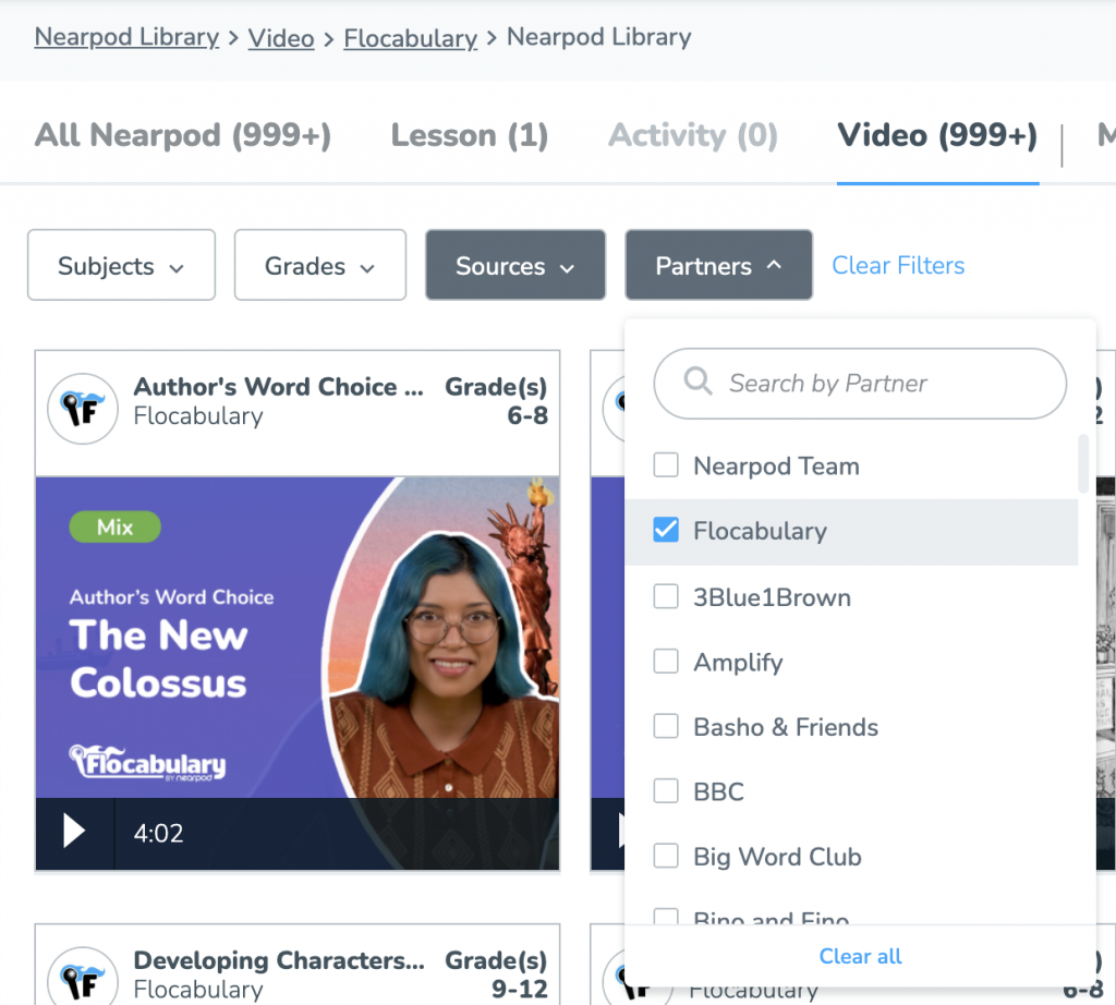 Flocabulary filter on Nearpod lesson library