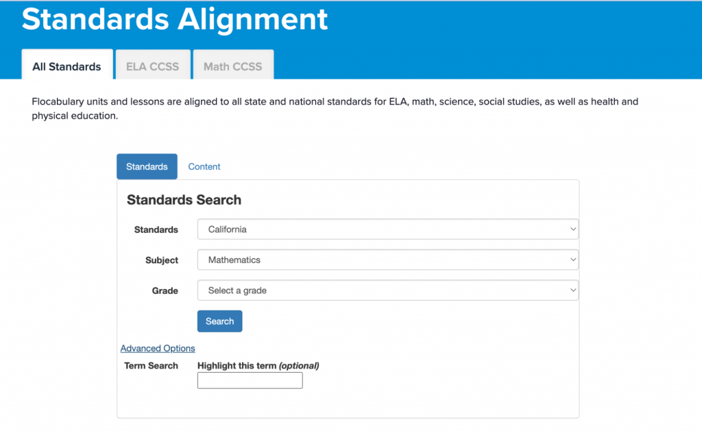 Standards Alignment lesson search on Flocabulary
