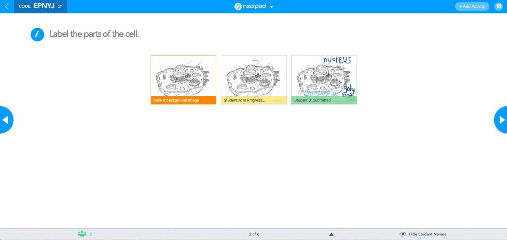 Using data to drive instruction from the teacher view on Nearpod that shows students completing a Draw It activity on the parts of the cell