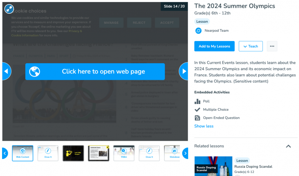 Nearpod slides for Paris Olympics 2024 current event lesson