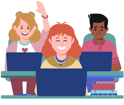 Three students smiling with laptop, one raising her hand