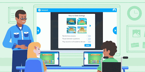 Nearpod's educational games, Time to Climb, on screen as students follow along