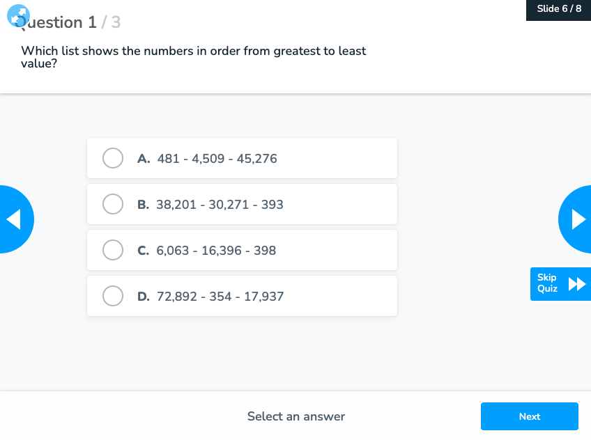 Math quiz activity for state testing