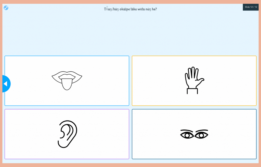 Nearpod lesson Lakota language multiple choice question activity with images as answers