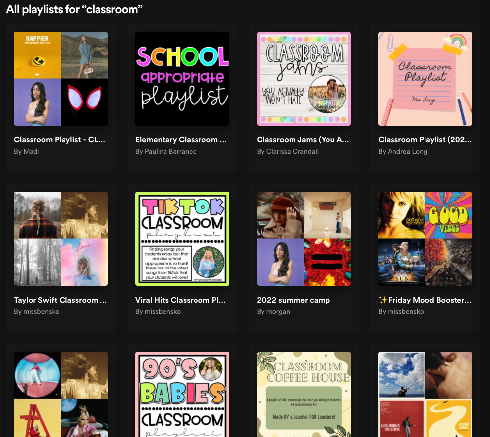 Classroom playlist covers on Spotify for first year teaching