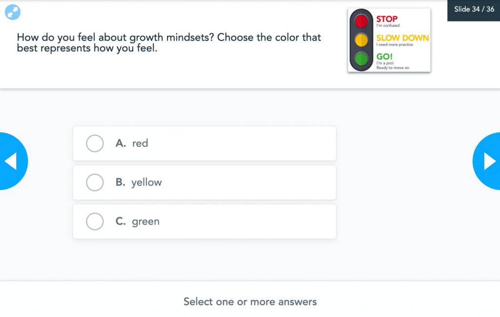 Nearpod poll asking students about how they feel about growth mindset for data driven assessments