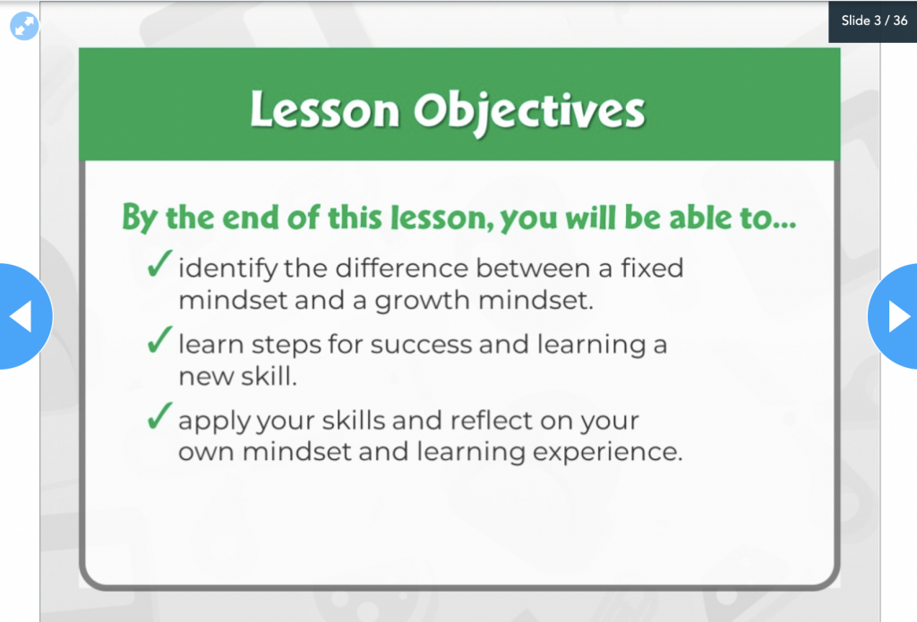 Lesson planning example of a learning objectives slide on Nearpod's Growth Mindset lesson