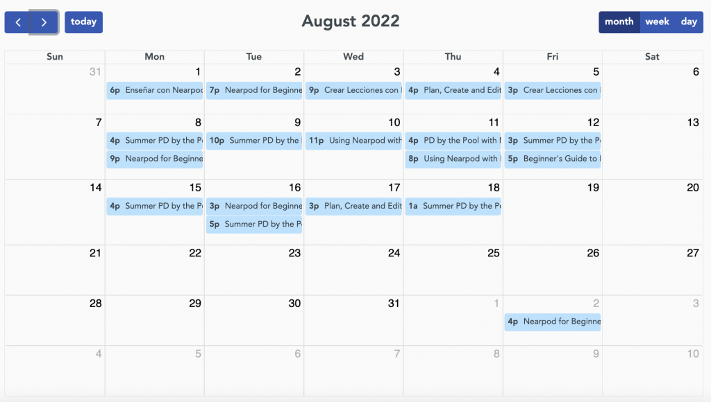 Nearpod webinar calendar schedule for August 2022