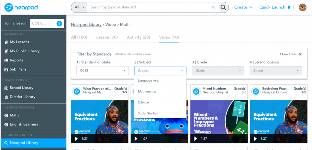 Nearpod search on the lesson library
