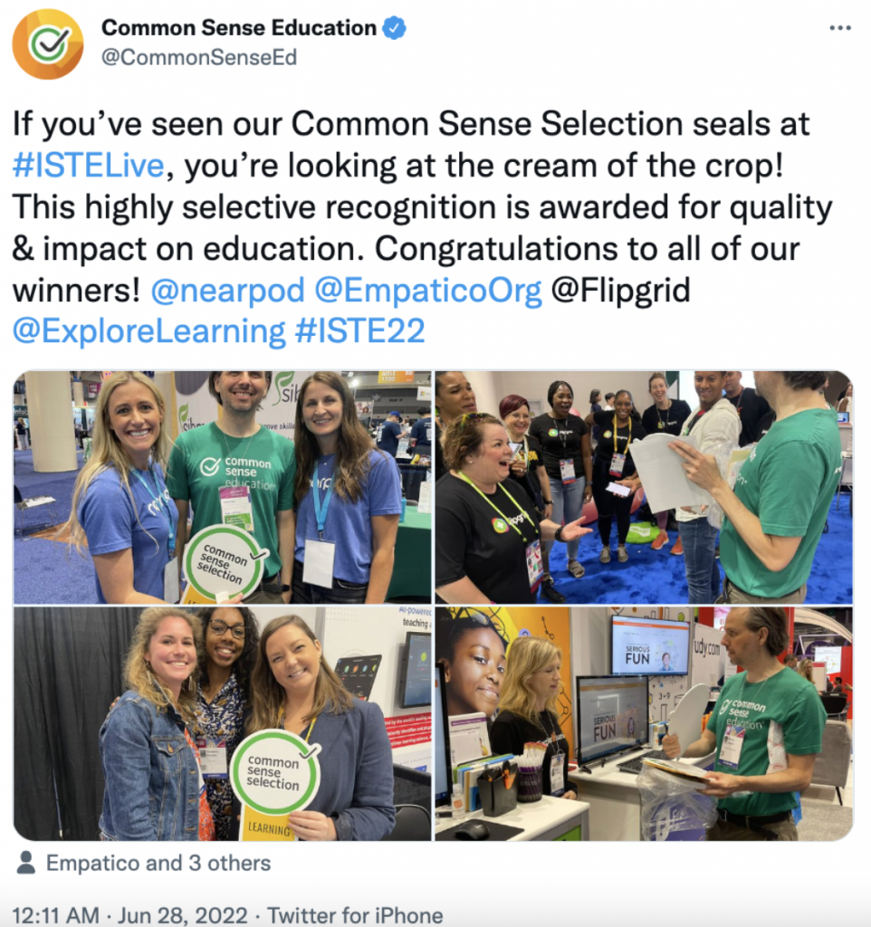 Tweet from Common Sense Education announcing Common Sense Selection seals at ISTE Live 2022