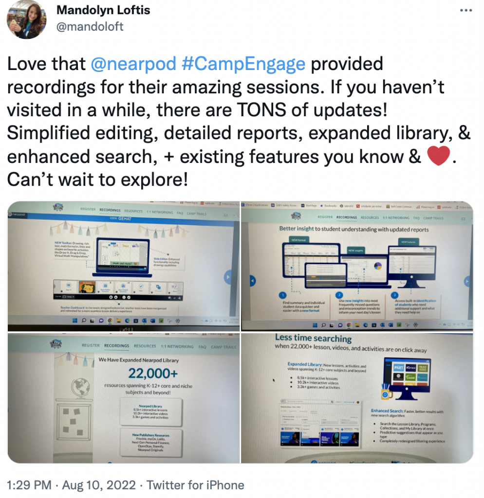Mandolyn L. tweeting about Camp Engage Back to School's 2022 Nearpod updates
