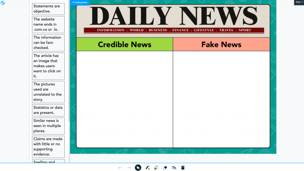 Media literacy examples about fake news using a Drag & Drop activity