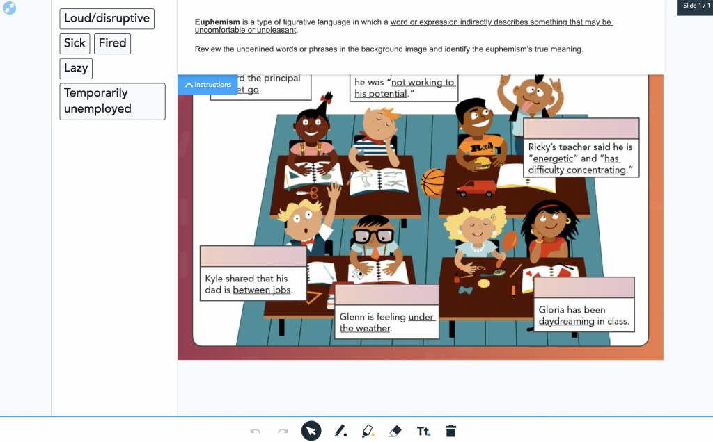 Drag and Drop activity to identify euphemism figurative language examples (Grades 9-12)