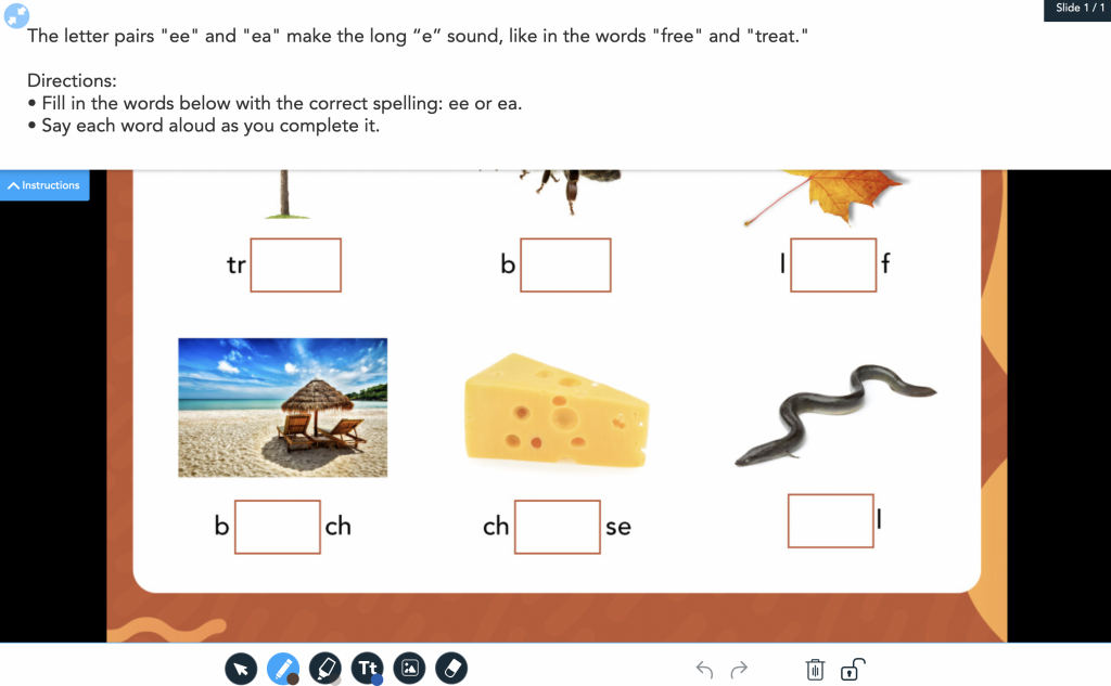 Examples of ways to use technology in the classroom using Nearpod Draw It activity to teach words with the long "e" sound