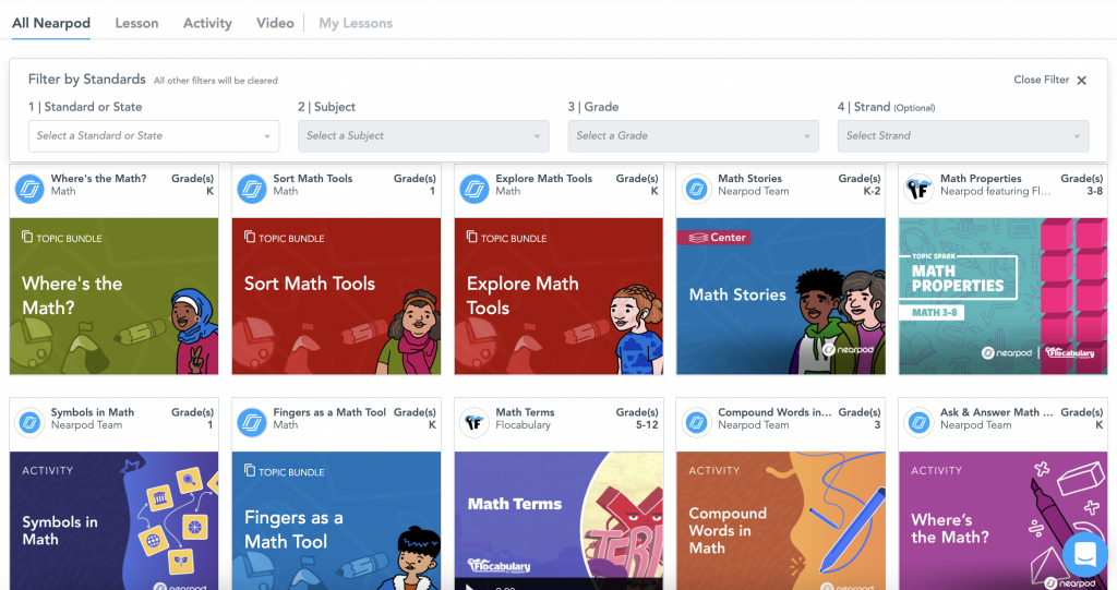 Nearpod lesson library results for math