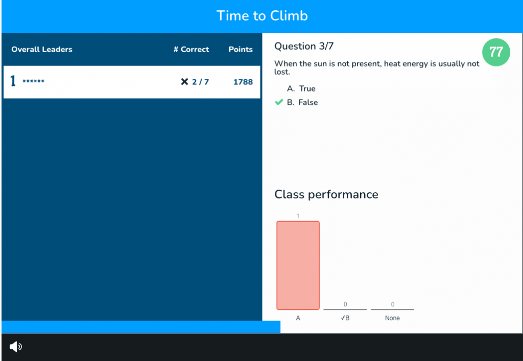 Time to Climb game quiz real-time formative assessment data for monitoring student progress