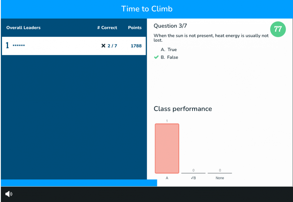 Teacher Dashboard view of Time to Climb