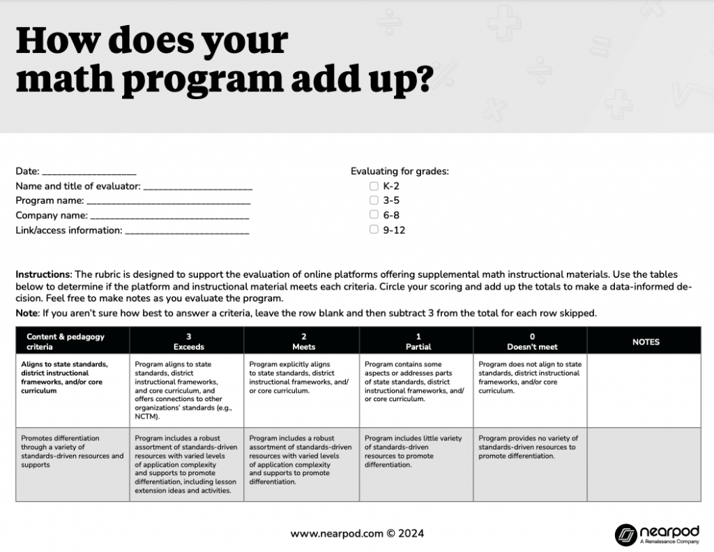 Supplemental math curriculum evaluation rubric  