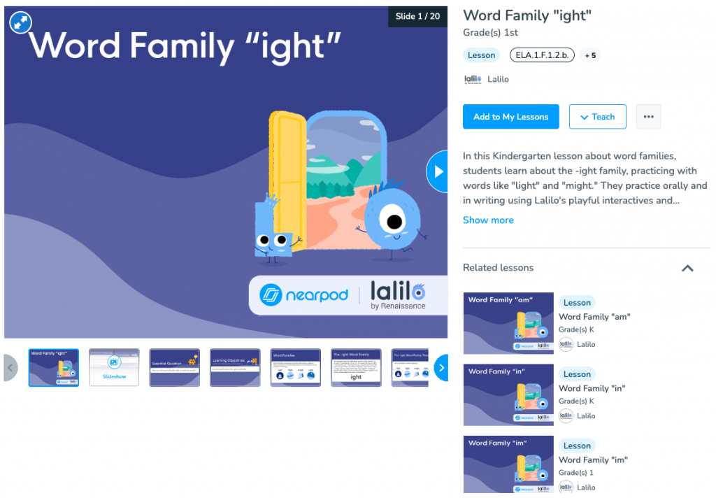 Word Family "ight" Lalilo lesson for teaching early literacy skills