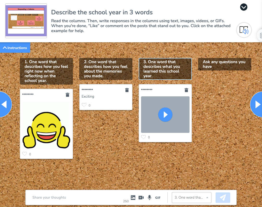 3 Word Summary for the end of year celebration using a Collaborate Board activity