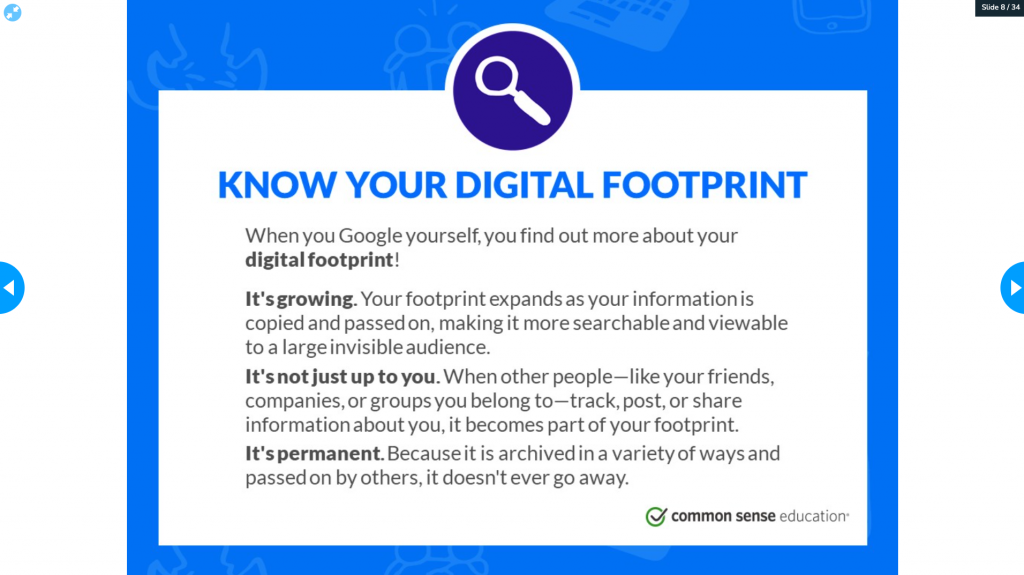 Digital footprint slide from a Nearpod and Common Sense's Digital Citizenship program lesson