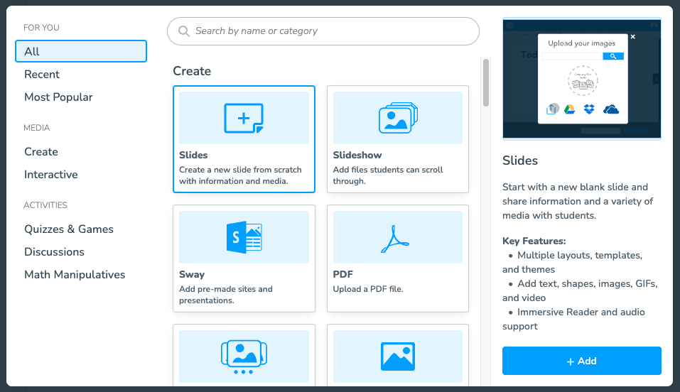 Selecting content slides on Nearpod's Activity Selector to begin creating a lesson