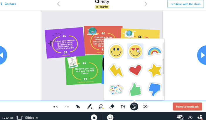 Teacher-to-student feedback stickers on Draw It