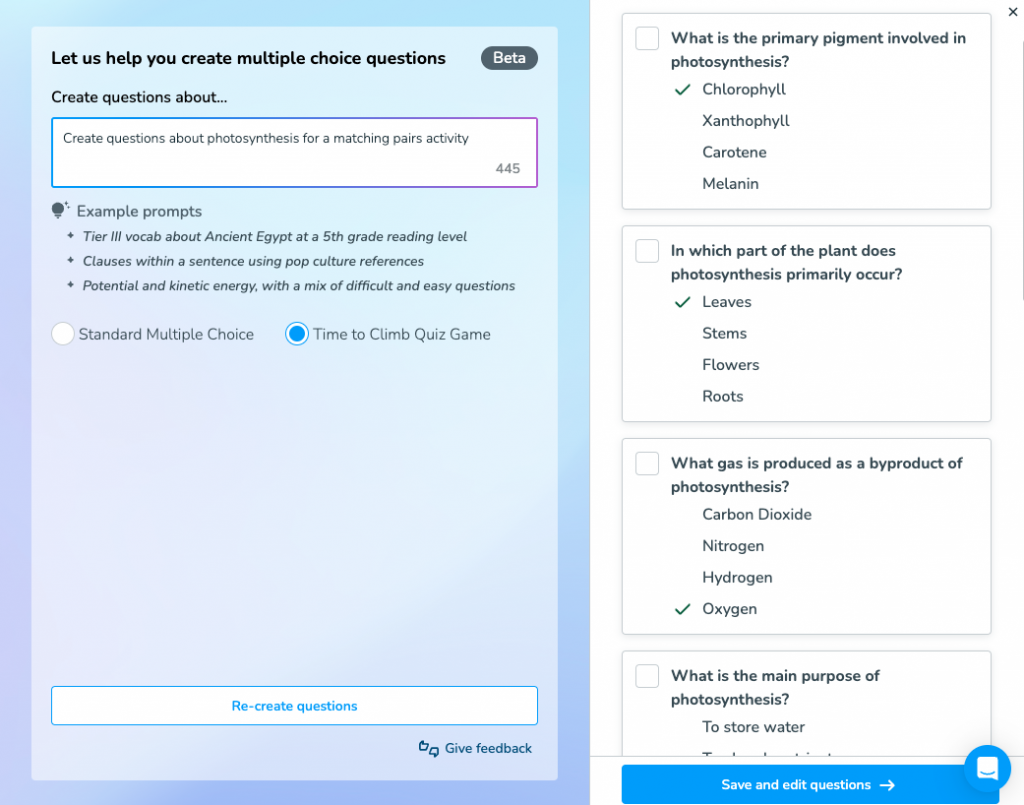 AI Create Matching Pairs multiple choice questions