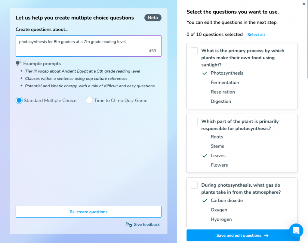 Example of AI Create photosynthesis 8th grade questions for 7th grade reading level