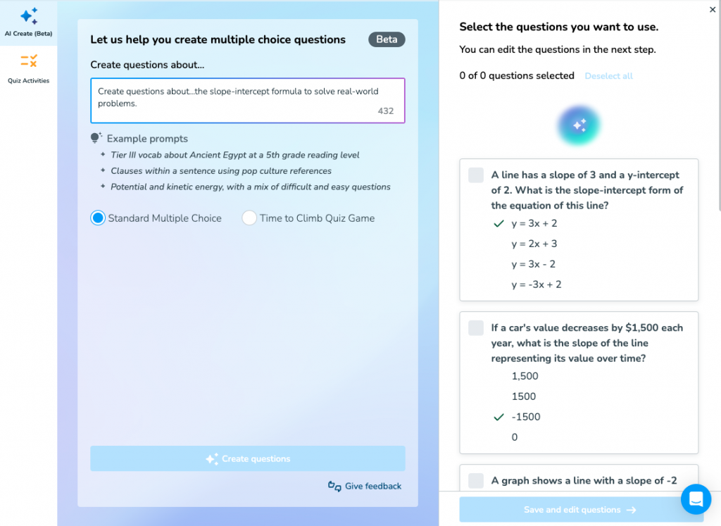 Nearpod AI Create question generator example