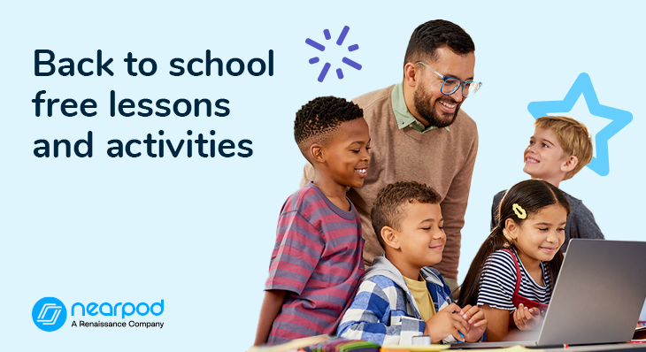 Image showing children gathered around a laptop computer with an educator in a learning setting. Text reads 'Back to school free lessons and activities' with the Nearpod logo in the corner labeled 'A Renaissance Company.