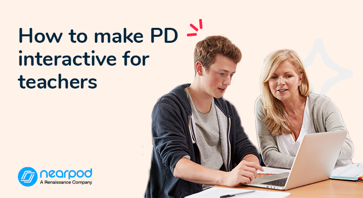 Two people collaborating at a laptop computer, with the title 'How to make PD interactive for teachers' displayed. The image shows a professional development setting with the Nearpod logo (identified as 'A Renaissance Company') in the bottom left corner.
