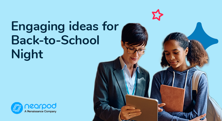 The image shows two people looking at a tablet or device together against a light blue background. Above them is the text "Engaging ideas for Back-to-School Night" in large dark font. The image includes decorative star shapes in red and blue. At the bottom of the image is the Nearpod logo with text indicating it's "A Renaissance Company."